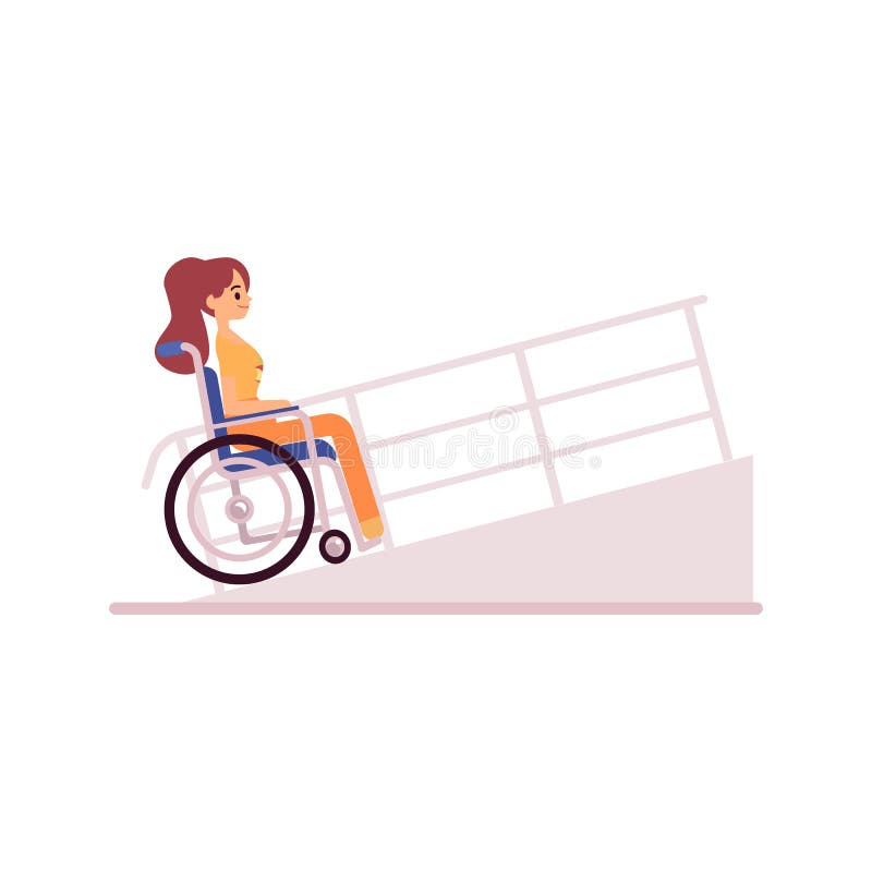 Smiling handicapped woman in wheelchair driving on ramp flat cartoon style, vector illustration isolated on white background. Side view disabled girl sitting wheelchair and riding on rampant