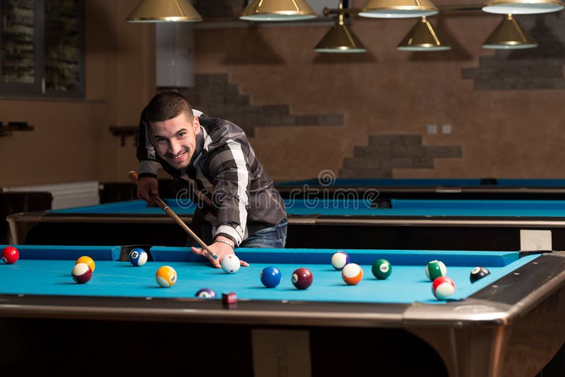 Smiling Happy Man Playing Billiard Stock Photo Image of ball