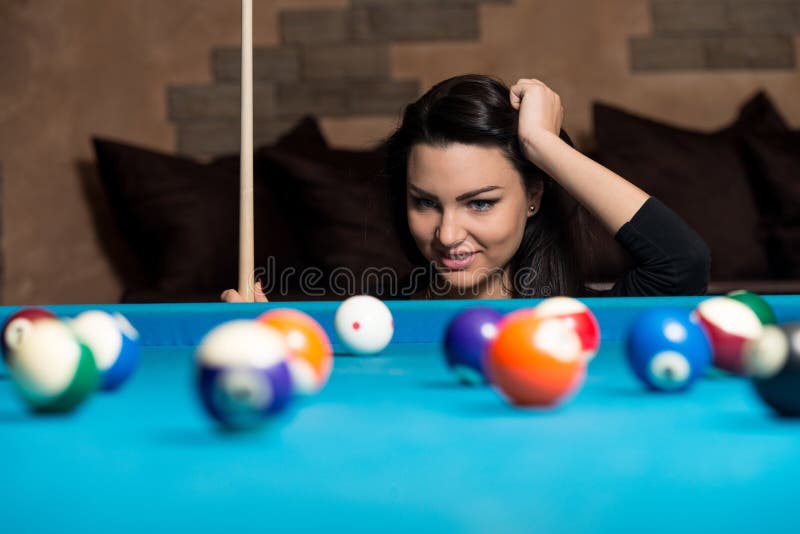 Smiling Happy Woman Playing Billiard Stock Photo Image of adult
