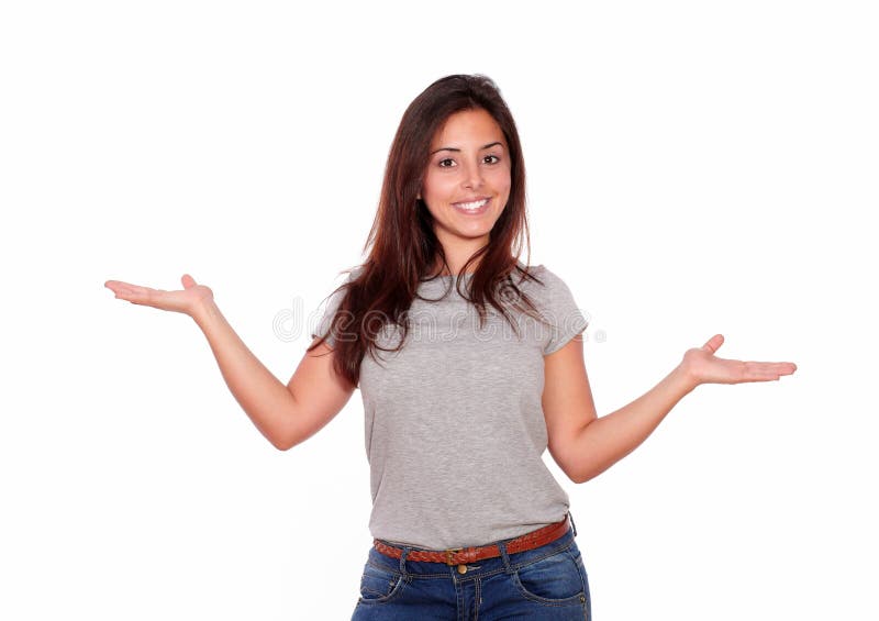Smiling hispanic woman holding out hands royalty free stock images Smiling hispanic woman holding out hands royalty free stock images