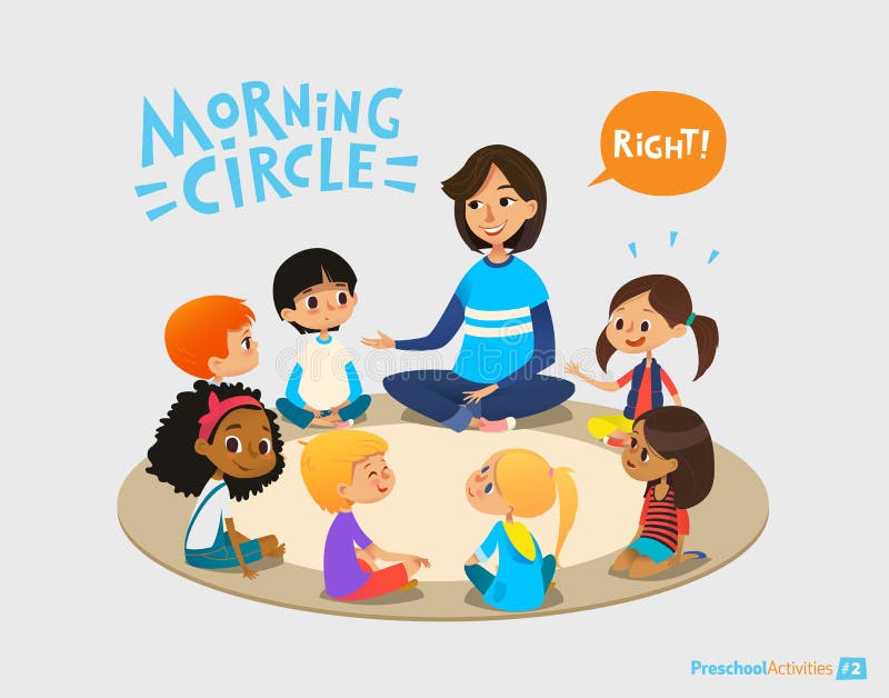 Smiling kindergarten teacher talks to children sitting in circle and asks them questions. Preschool activities and early