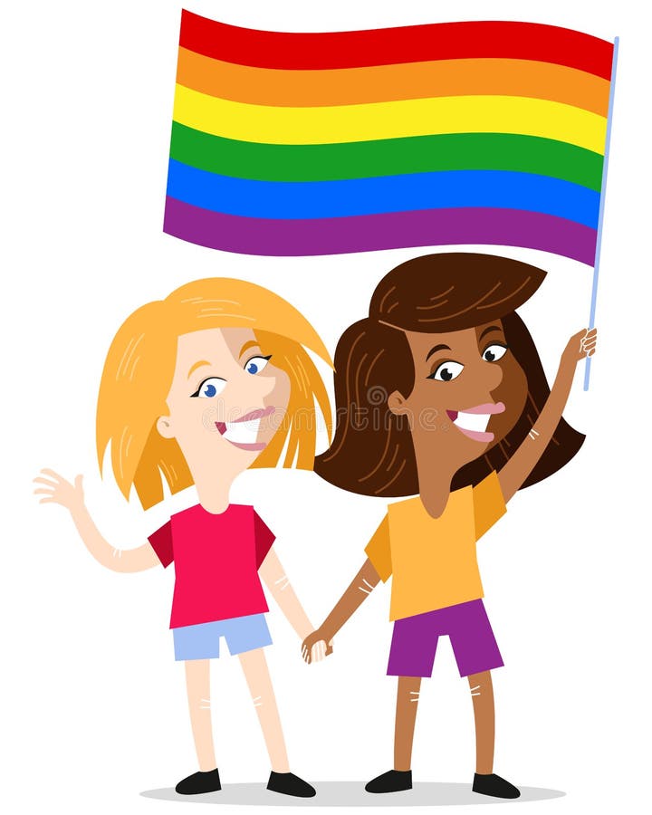 Smiling Lesbian Cartoon Couple Holding Hands Waving Rainbow Lgbt Flag