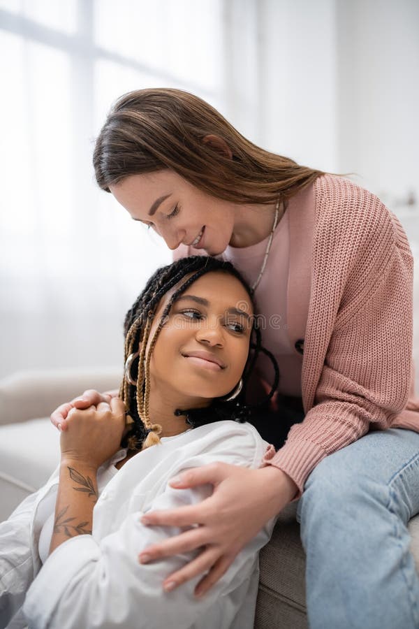 Smiling Lesbian Woman Sitting On Couch Stock Image Image Of Homosexual Lgbt 264013721