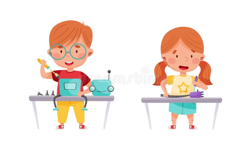Smiling Little Boy and Girl Engineering and Configurating Robot Vector Set vector illustration