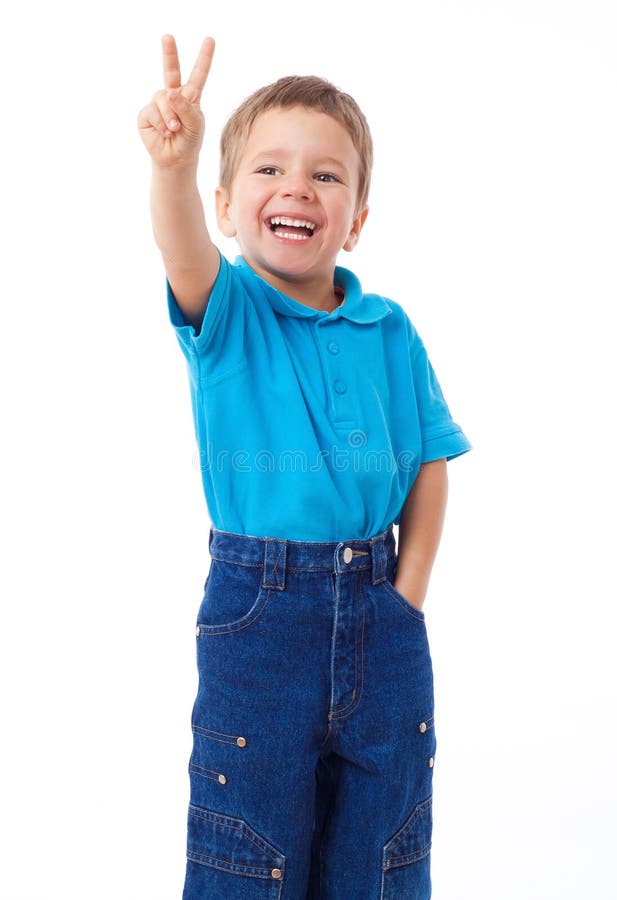 Smiling Little Boy Shows Victory Sign Stock Image - Image ...