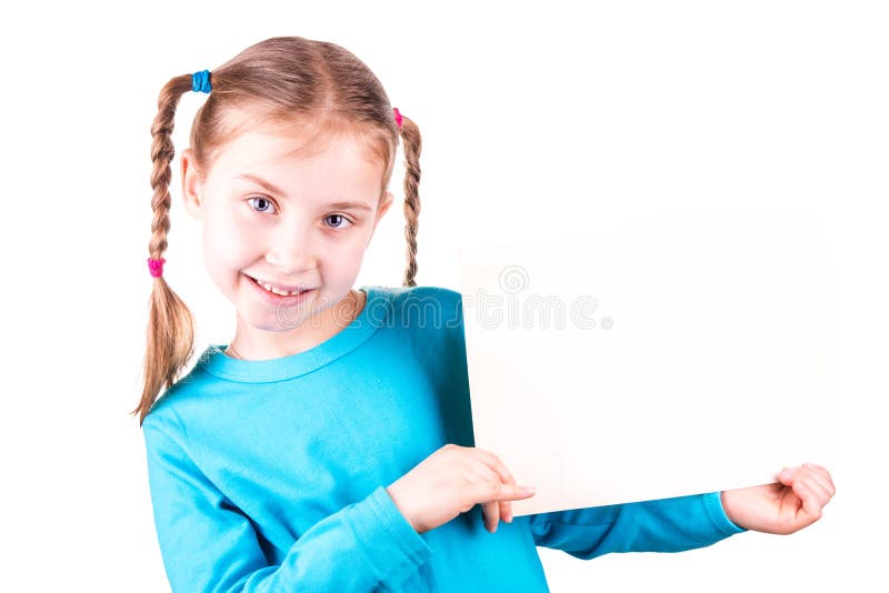 Smiling little girl holding white card for you sample text