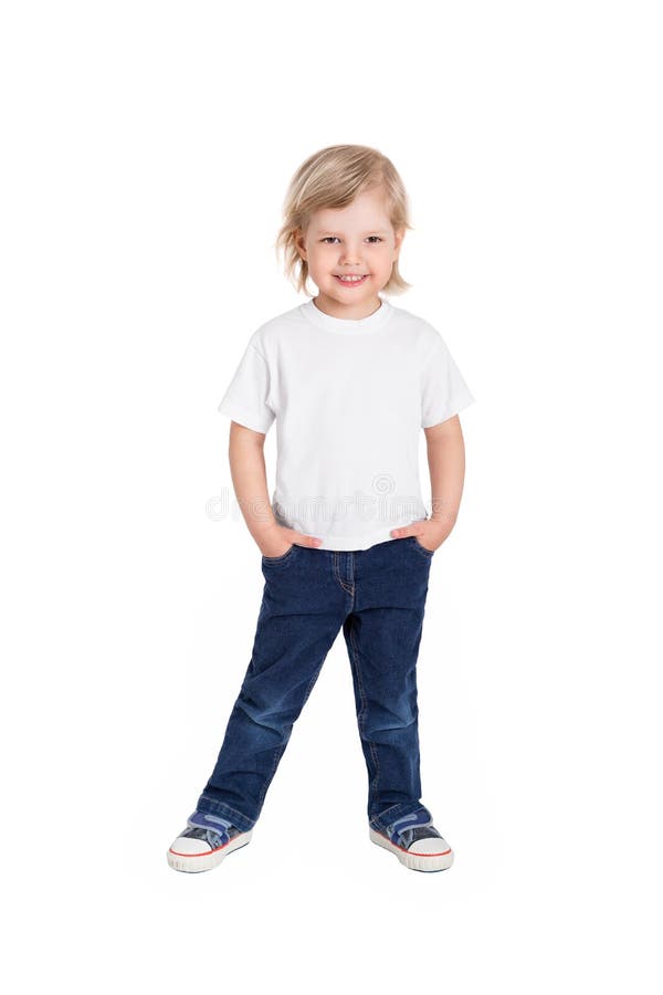 Little Girl in a Pure White T-shirt for Advertising and Shorts. Stock ...