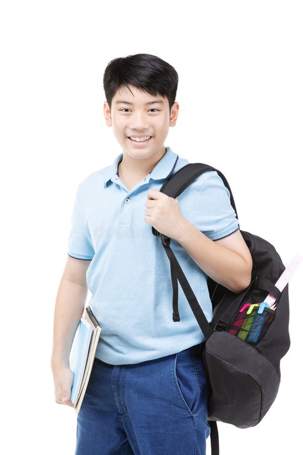 Smiling Little Student Boy In Blue Polo T Shirt In With Books And Bag