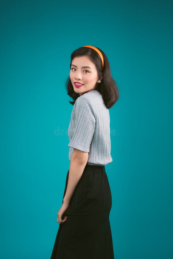 Smiling Lovely Asian Woman Dressed In Pin Up Style Dress Over Bl Stock Image Image Of Lace