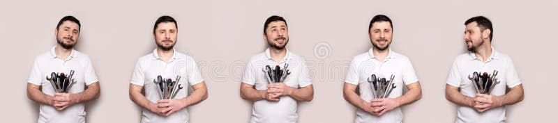 Smiling man with bouquet of wrenches and screwdrivers banner stock images
