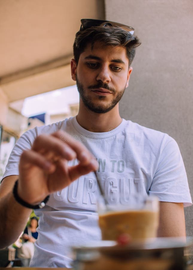 Portrait of Smiling Man Sitting in Coffee Bar Stock Image - Image of ...