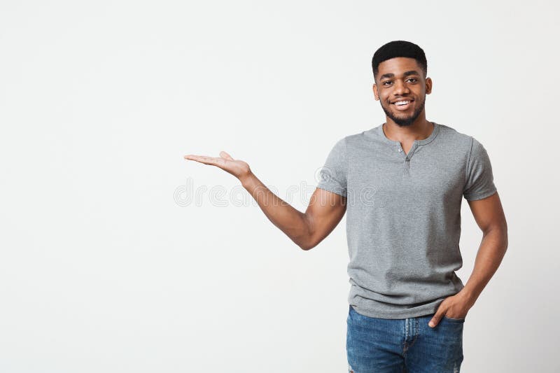 Smiling Man with His Palm Up on White Background Stock Photo - Image of  hand, gesture: 130155846