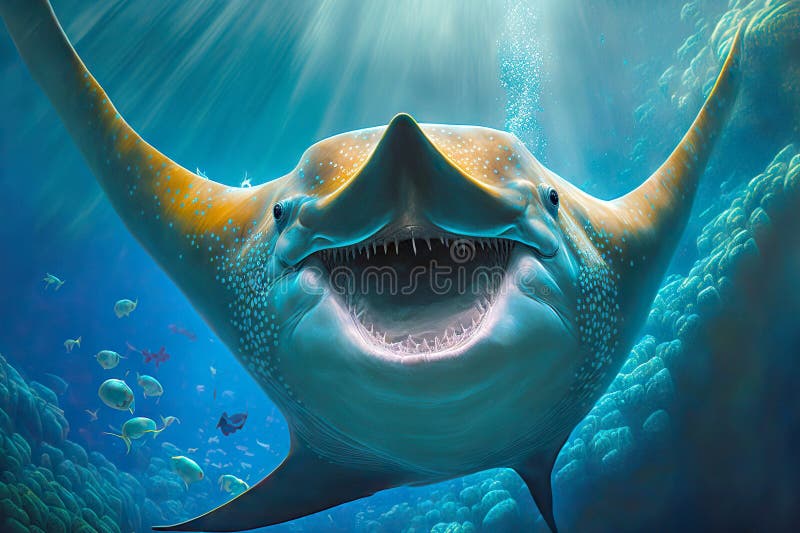Smiling Manta Ray Floating in Water Under Rays of Sun Stock