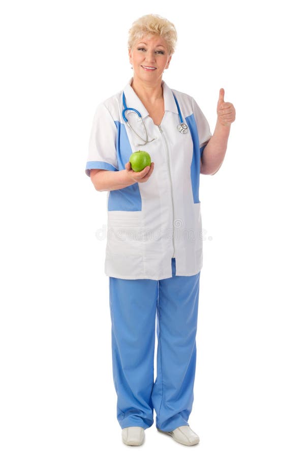 Smiling mature doctor with apple