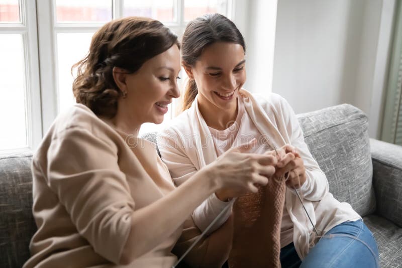 Happy Mature Mother Teach Grownup Daughter Knitting Stock Photo Image