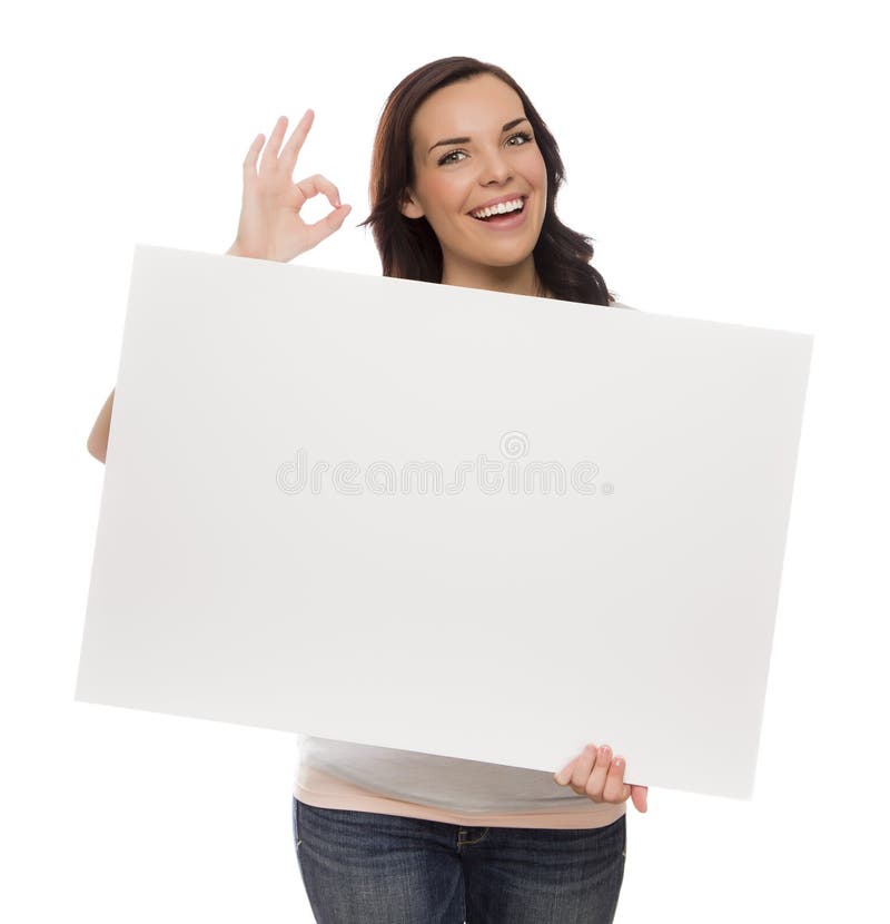 Smiling Mixed Race Female Holding Blank Sign on White