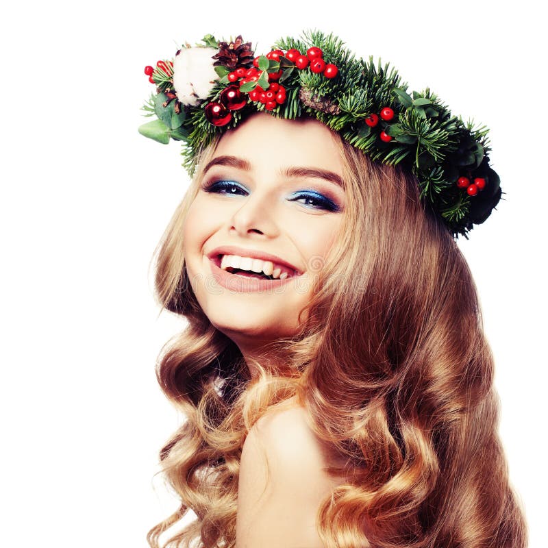 Smiling Model Woman with Christmas Wreath Isolated