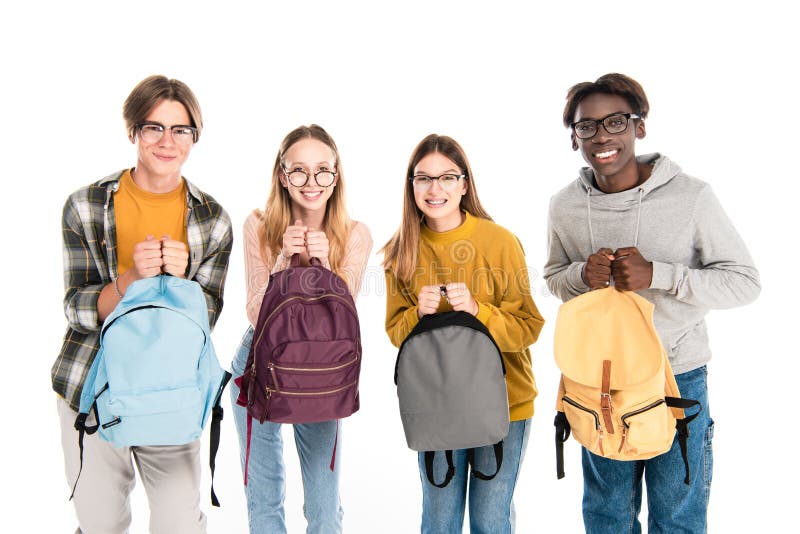 Multicultural Teenagers Holding Backpacks and Looking Stock Image ...