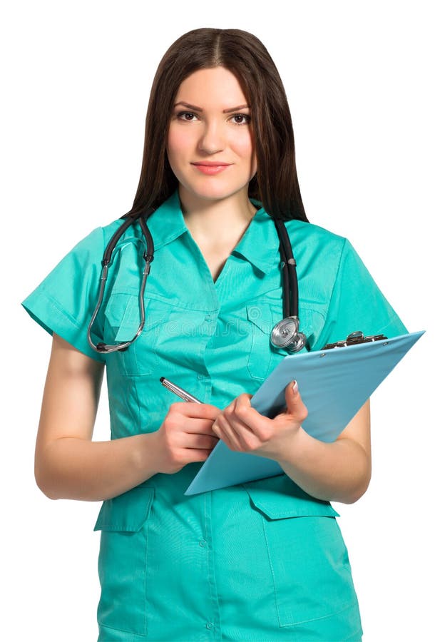 Smiling nurse or young doctor in uniform with clipboard writing stock photography Smiling nurse or young doctor in uniform with clipboard writing stock photography