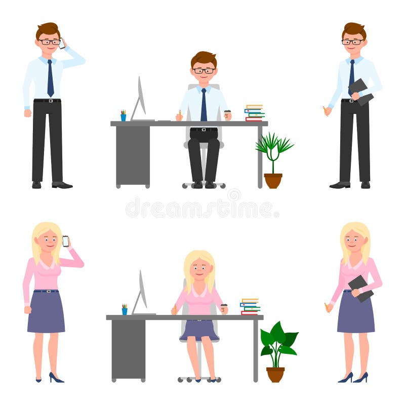 Smiling office eyeglasses man and blonde woman vector. Sitting, writing, standing with notes, talking on phone cartoon character
