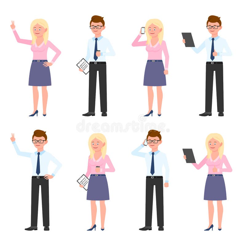 Smiling office man, woman vector. Standing with tablet, notes, coffee, side view, talking on phone boy, girl cartoon character