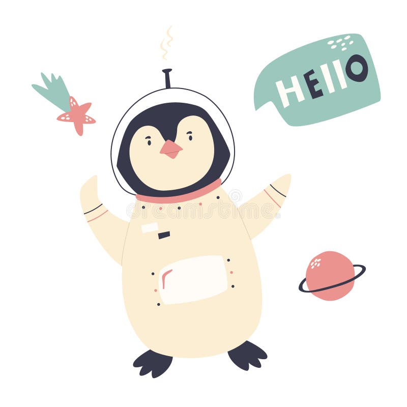 Smiling penguin in an astronaut costume and helmet
