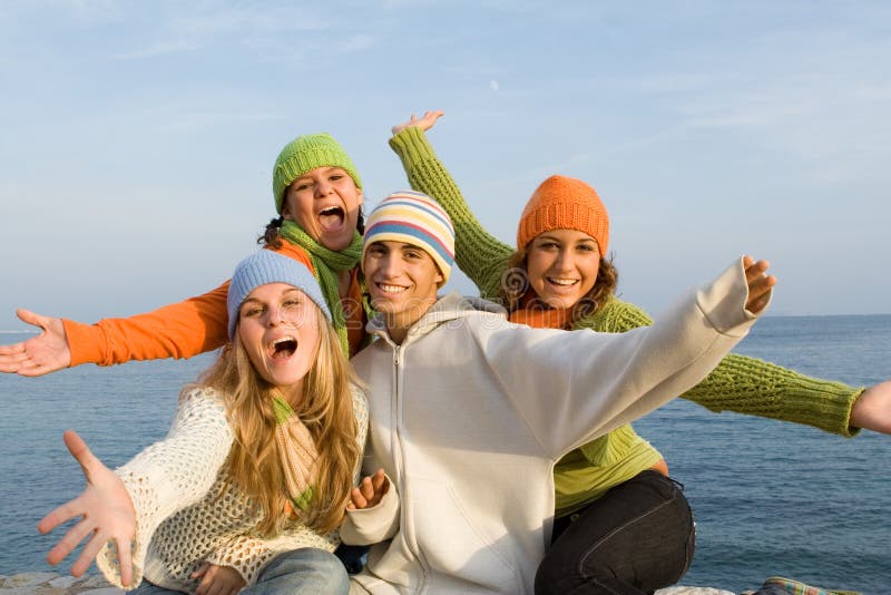 Felice, sorridente, gruppo di persone, giovani.