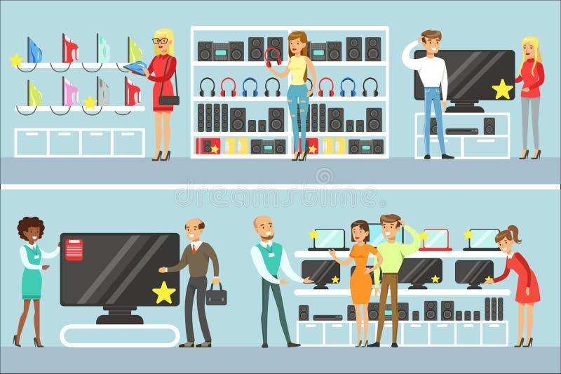 Smiling People in Electronic Store Shopping for Domestic Equipment Choosing  with Shop Assistant Help Set of Cartoon Stock Vector - Illustration of  iron, holding: 124537883