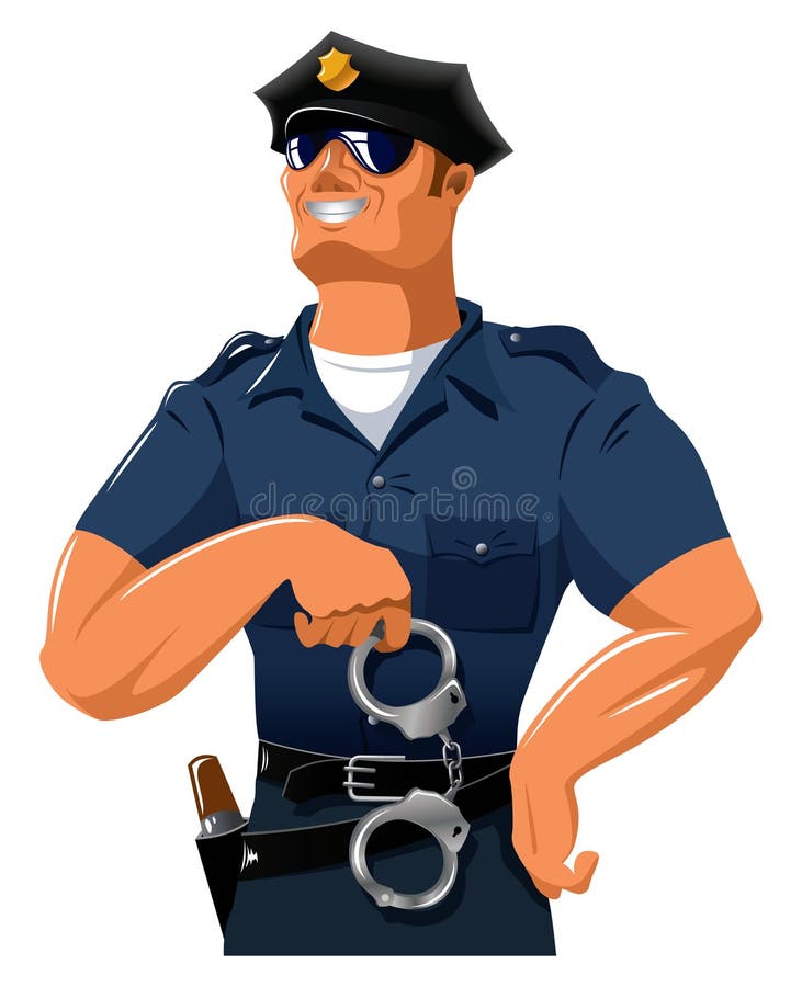 Usmívající se policista, vždy na stráži, vektorové ilustrace.