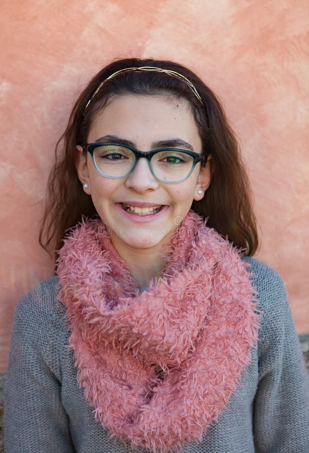 Smiling Preteen Girl Wearing Pink Scarf Stock Image Image Of Glasses
