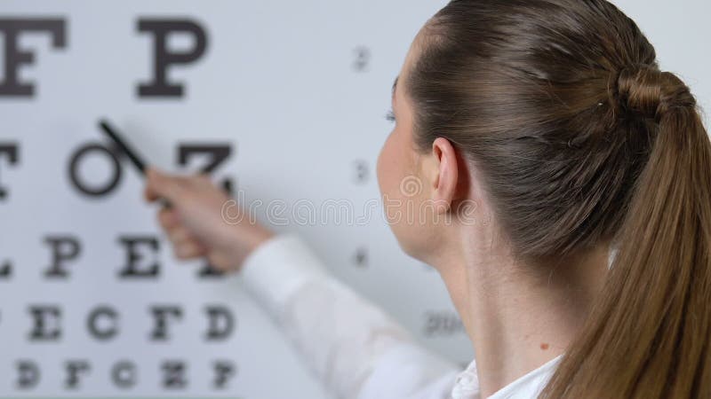 Smiling pretty ophthalmologist examining patient vision pointing eye test chart