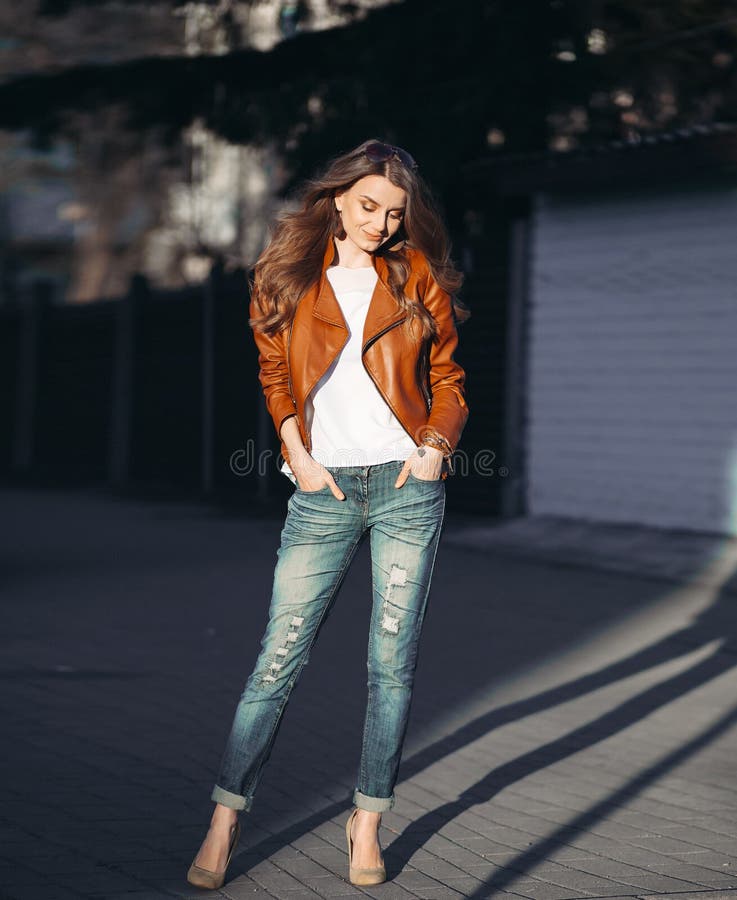 Pretty Woman Walking and Posing. Street Look. Stock Image - Image of ...