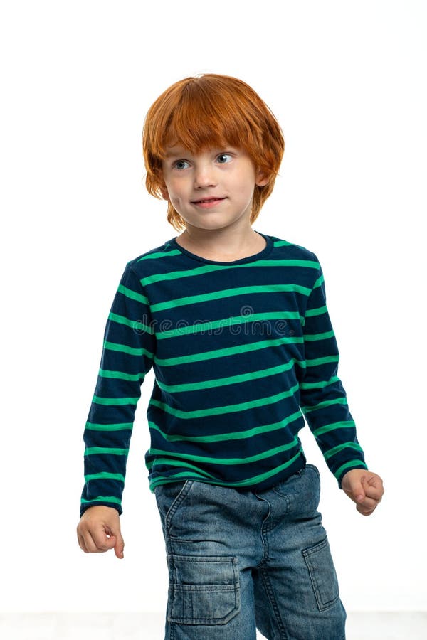 Waist Up Emotional Portrait of Redhead Boy Wearing Green Shirt on a ...