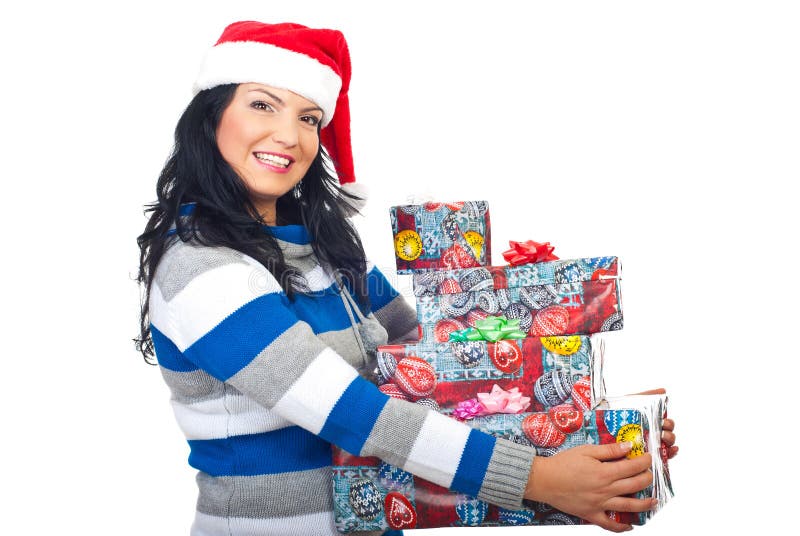 Smiling Santa helper holding several gifts
