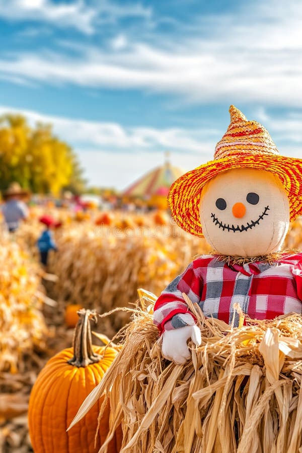 Smiling scarecrow in festive autumn pumpkin patch scene stock images