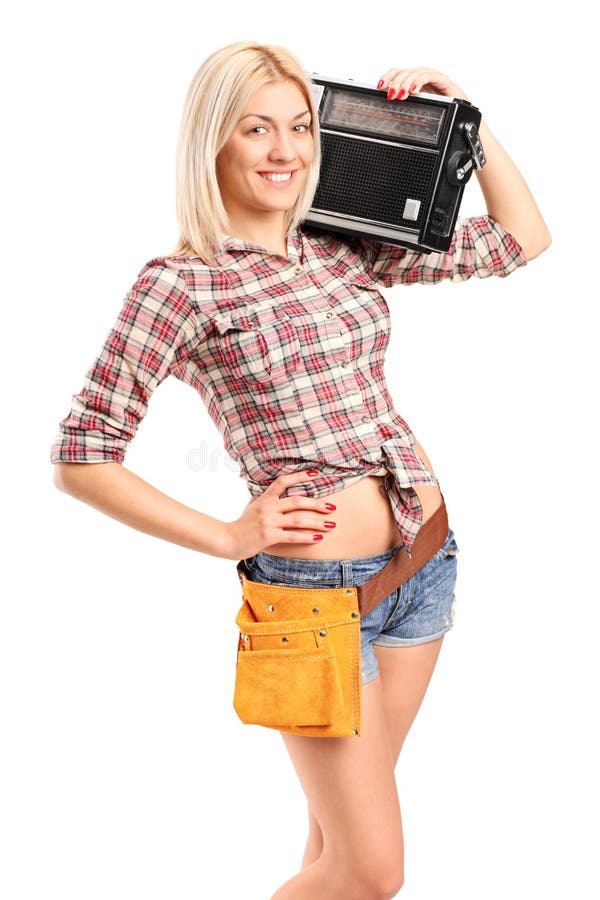 Smiling Service Woman Listening To Radio Stock Image Image Of Player