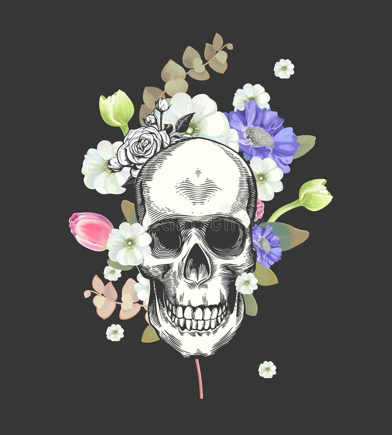 Smiling Skull and Flowers Day of the Dead, Black Fashion Illustration ...