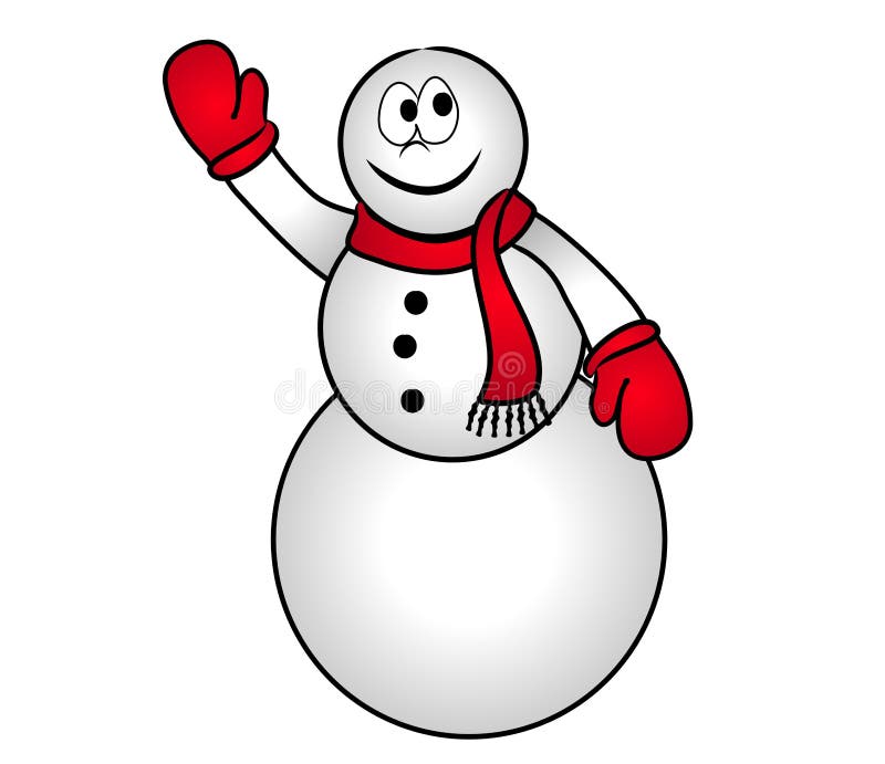 A clip art illustration of a snowman wearing red mittens and scarf, isolated on white background. A clip art illustration of a snowman wearing red mittens and scarf, isolated on white background