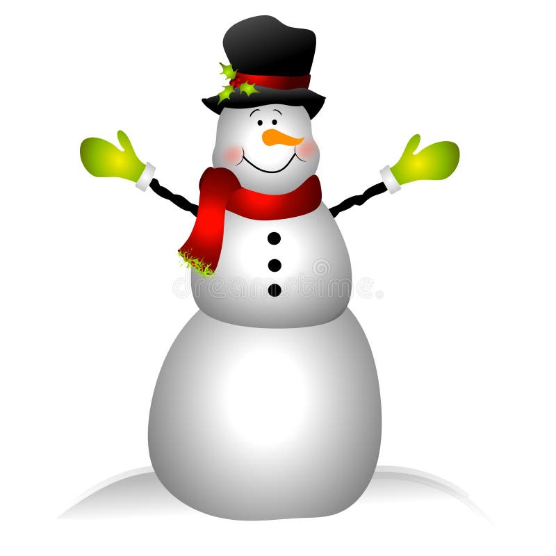 A clip art illustration featuring a snowman dressed in hat, scarf, mittens and smiling as he sits in the snow. A clip art illustration featuring a snowman dressed in hat, scarf, mittens and smiling as he sits in the snow