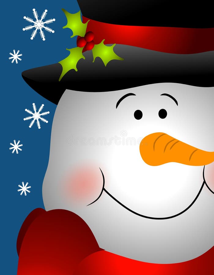 A clip art illustration featuring an up close and personal look at a snowman with hat, holly sprig and carrot nose with just a hint of snowflakes behind him. A clip art illustration featuring an up close and personal look at a snowman with hat, holly sprig and carrot nose with just a hint of snowflakes behind him.