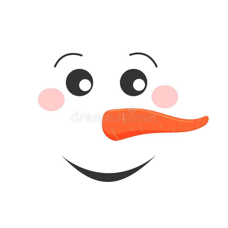 Smiling snowman face. Funny snow man head with rosy cheeks and carrot noses. Winter holidays design. Vector cartoon