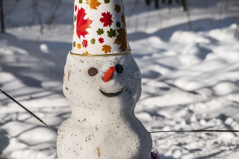 The Smiling Snowman on the Snow Stock Photo Image of bucket, russia