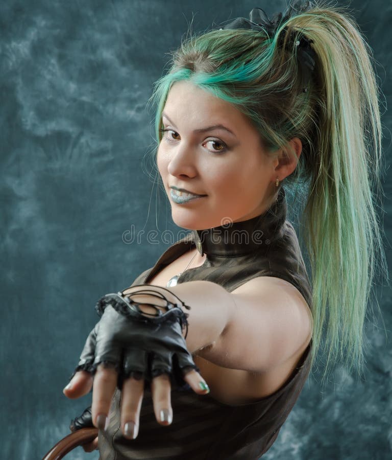 Smiling Steampunk Girl With Green Hair Stock Photo - Image 