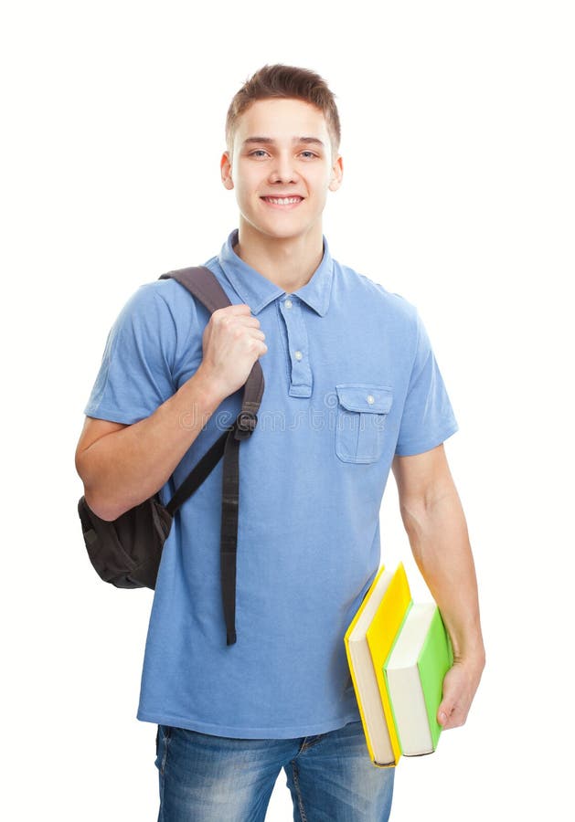 Smiling student with books and backpack isolated on white royalty free stock photo Smiling student with books and backpack isolated on white royalty free stock photo