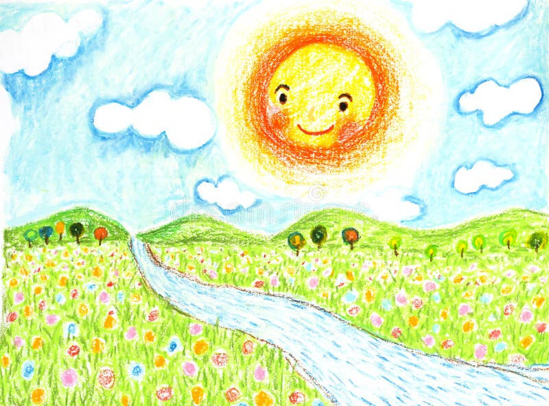 Smiling sun with flowers field and river oil pastel painted