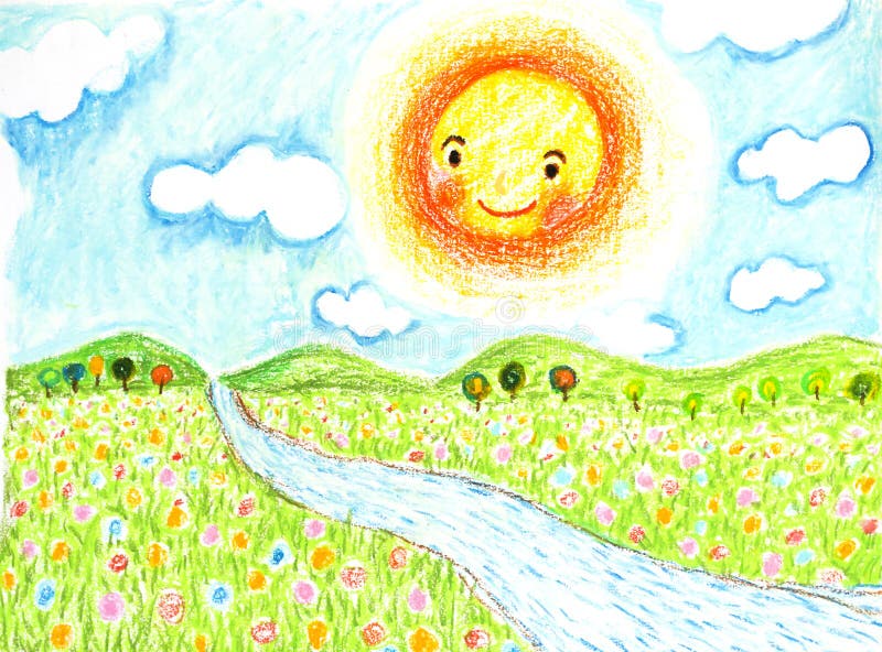 Smiling sun with flowers field and river oil pastel painted vector illustration