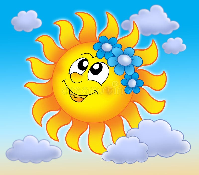 Smiling Sun With Flowers On Sky Stock Illustration