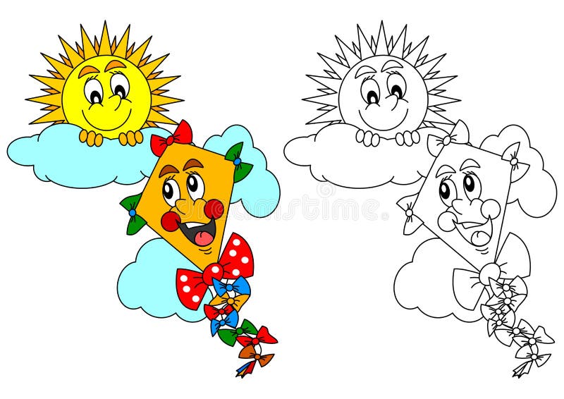 Smiling sun and the kite as a coloring for kids - illustration