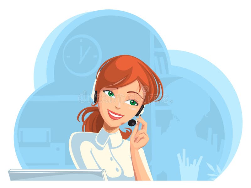 Vector. Image of smiling support phone female operator in headset at office.