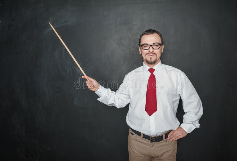 Smiling Teacher Man Retro Style with Pointer on Blackboard Background ...